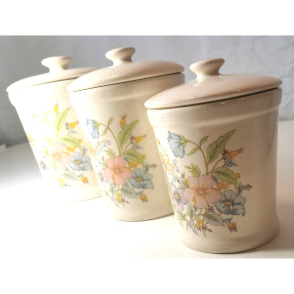 Vintage ALCO Ceramic Canister Trio – Made in Romania – Botanical Floral Design - Picture 2 of 16